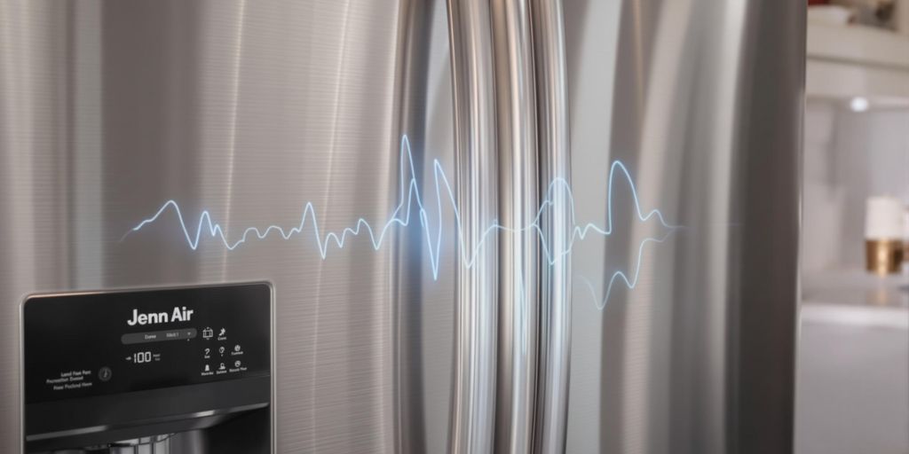 A stainless steel refrigerator featuring a sound wave design on its door, showcasing modern aesthetics and functionality.