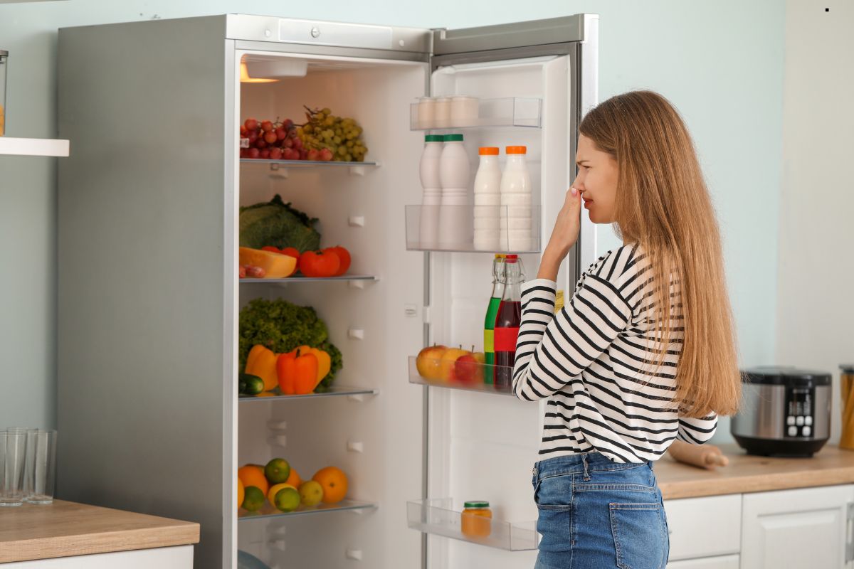  A woman examines the contents of an open refrigerator, considering the aromas of the stored food.